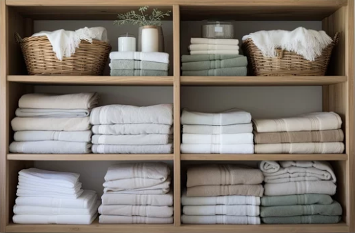 Neatly folded towels and labeled bins in a linen closet